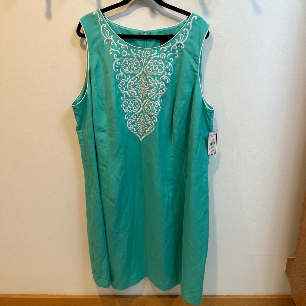 Jessica Howard Aqua Turquoise Embroidered Linen Blend Shift Dress 24W NWT
